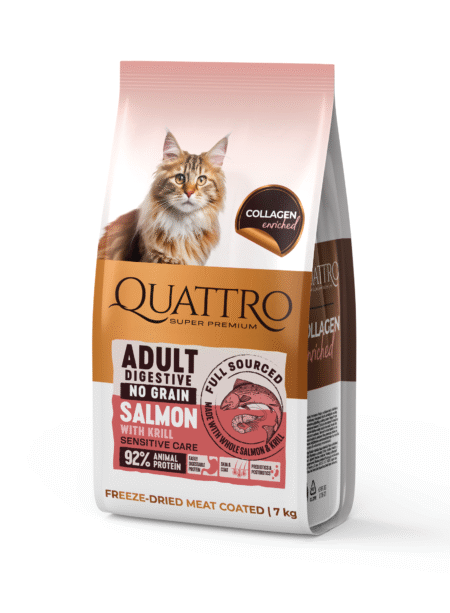 Quattro visavertis sausas pašaras suaugusioms jautrioms katėms su lašiša ir kriliu, 7 kg