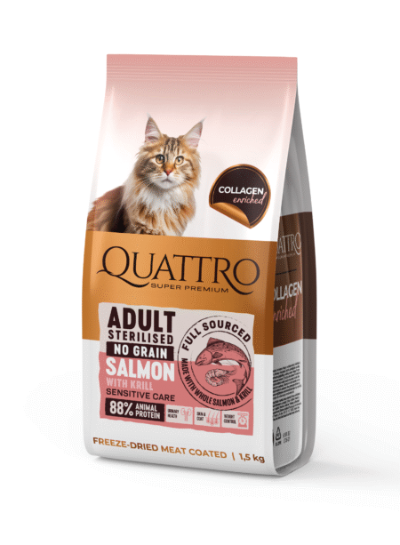 Quattro visavertis sausas pašaras suaugusioms sterilizuotoms katėms su lašiša, 1,5 kg