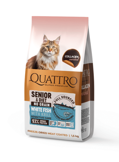 Quattro visavertis sausas dietinis/senstančių kačių pašaras su balta žuvimi ir kriliu, 1,5 kg