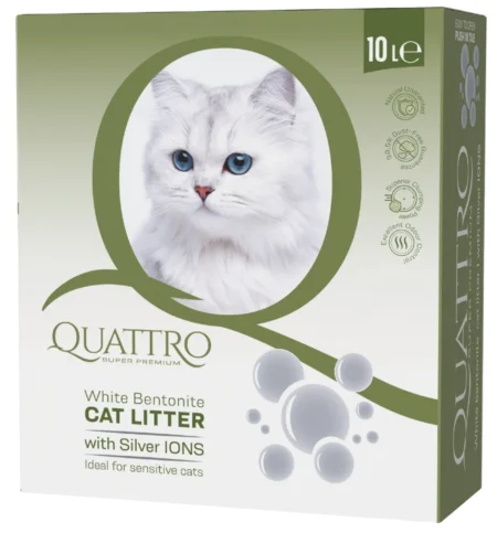 QUATTRO baltojo bentonito kraikas katėms, su sidabro jonais, 10 l